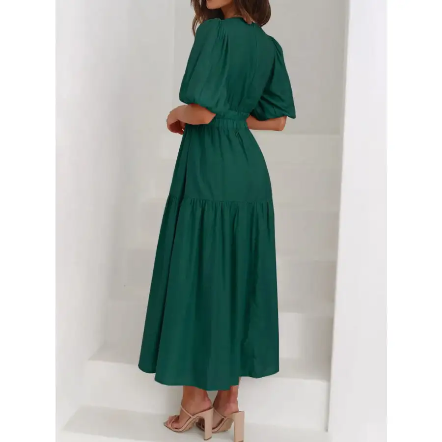 Neck V-Neck Puff Sleeve Midi Dress