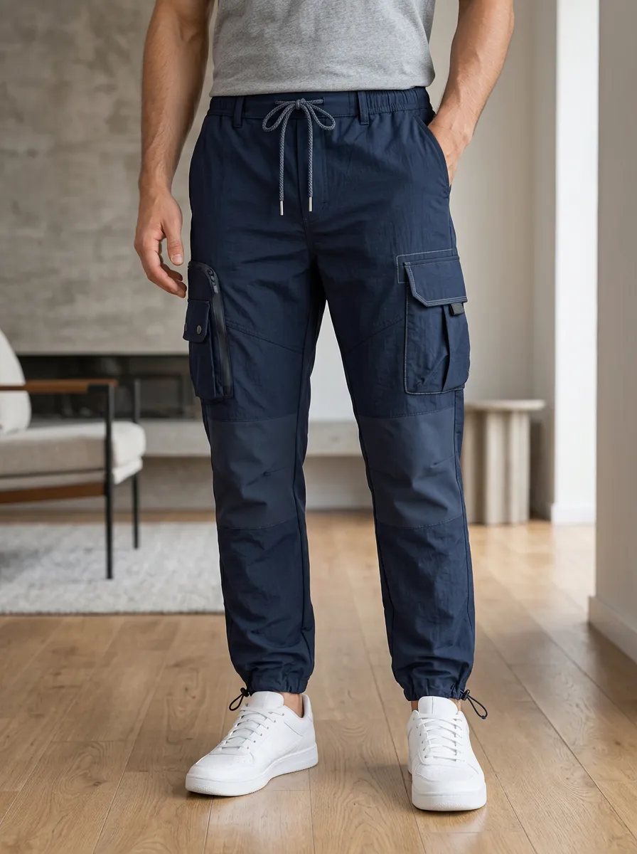 Men's Athletic Navy Blue Multi-Pocket Cargo Jogger Pants