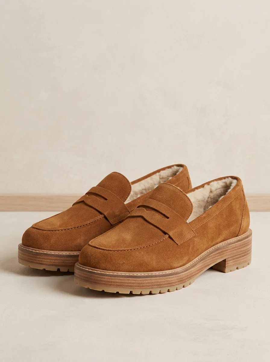 Women's Classic Faux Fur Lined Platform Winter Suede Wood Sole Loafers