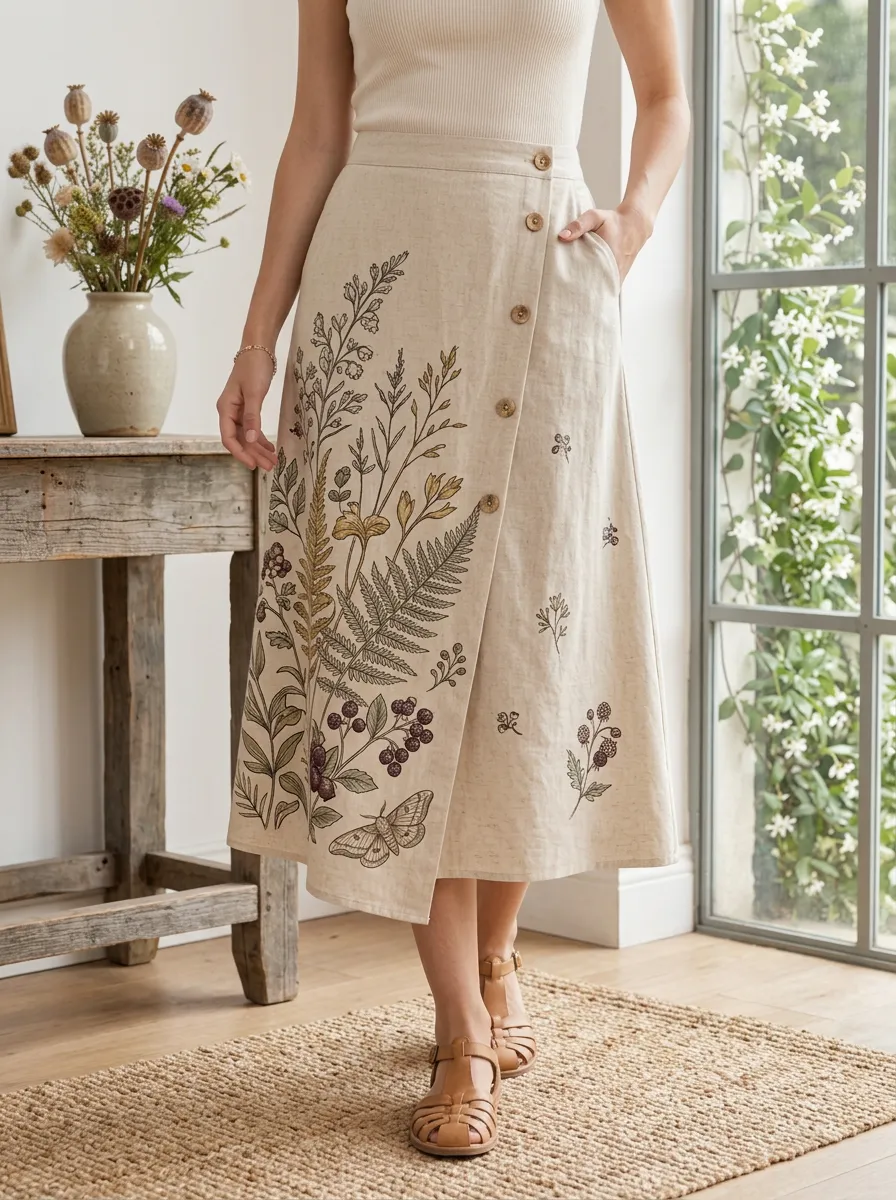 Women's Botanical Nature Lover Fern Berry Printed Skirt