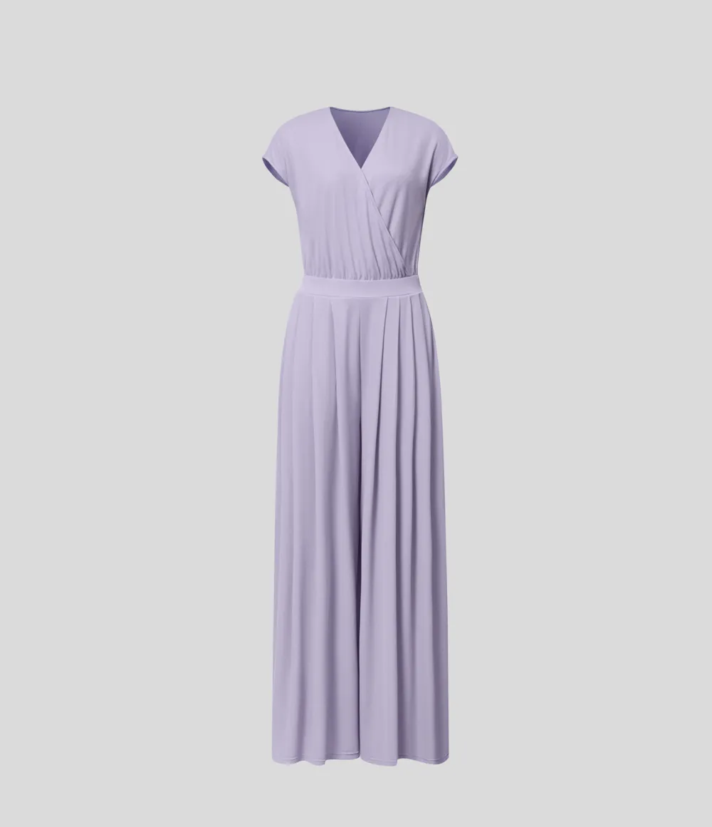 V Neck Short Sleeve Plicated Side Pocket Wide Leg Flowy Waffle Casual Jumpsuit