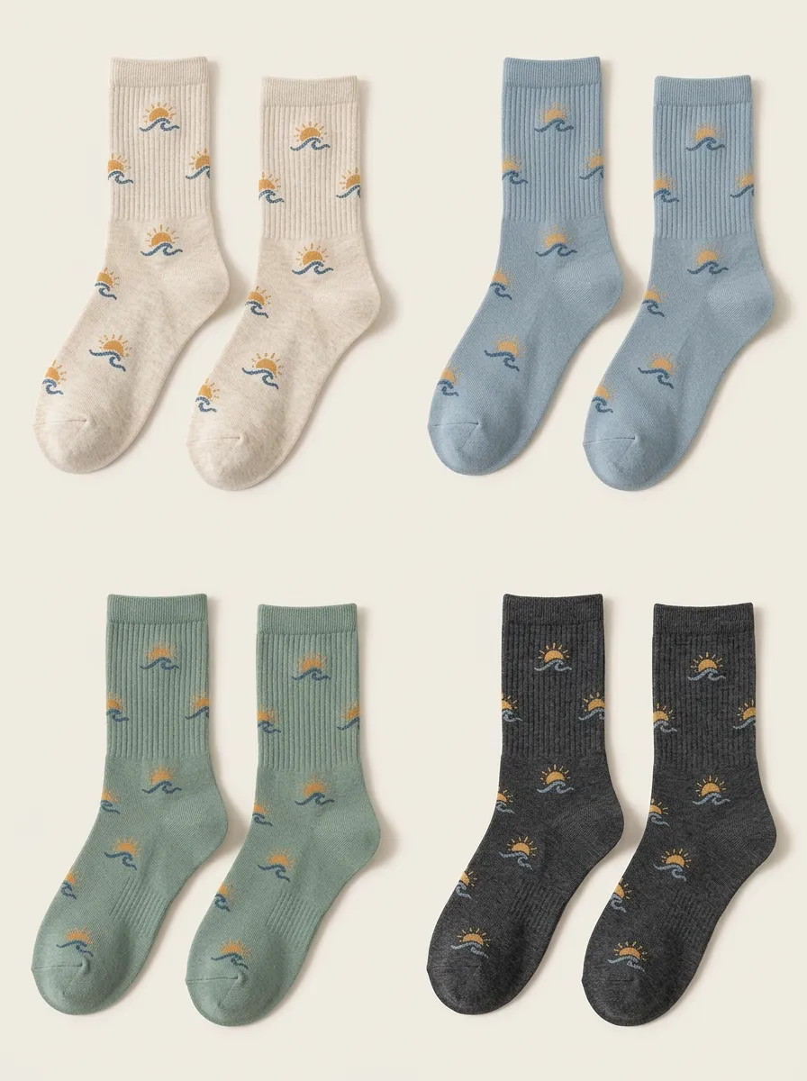 Women's Four-Pair Sun & Wave Crew Sock Set