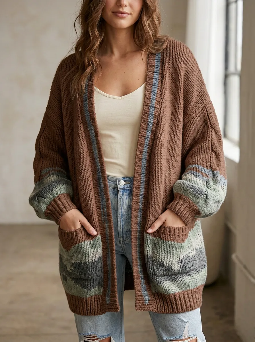 Women's Striped Colorblock Open Front Cardigan