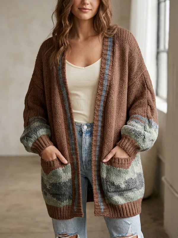 Women's Striped Colorblock Open Front Cardigan