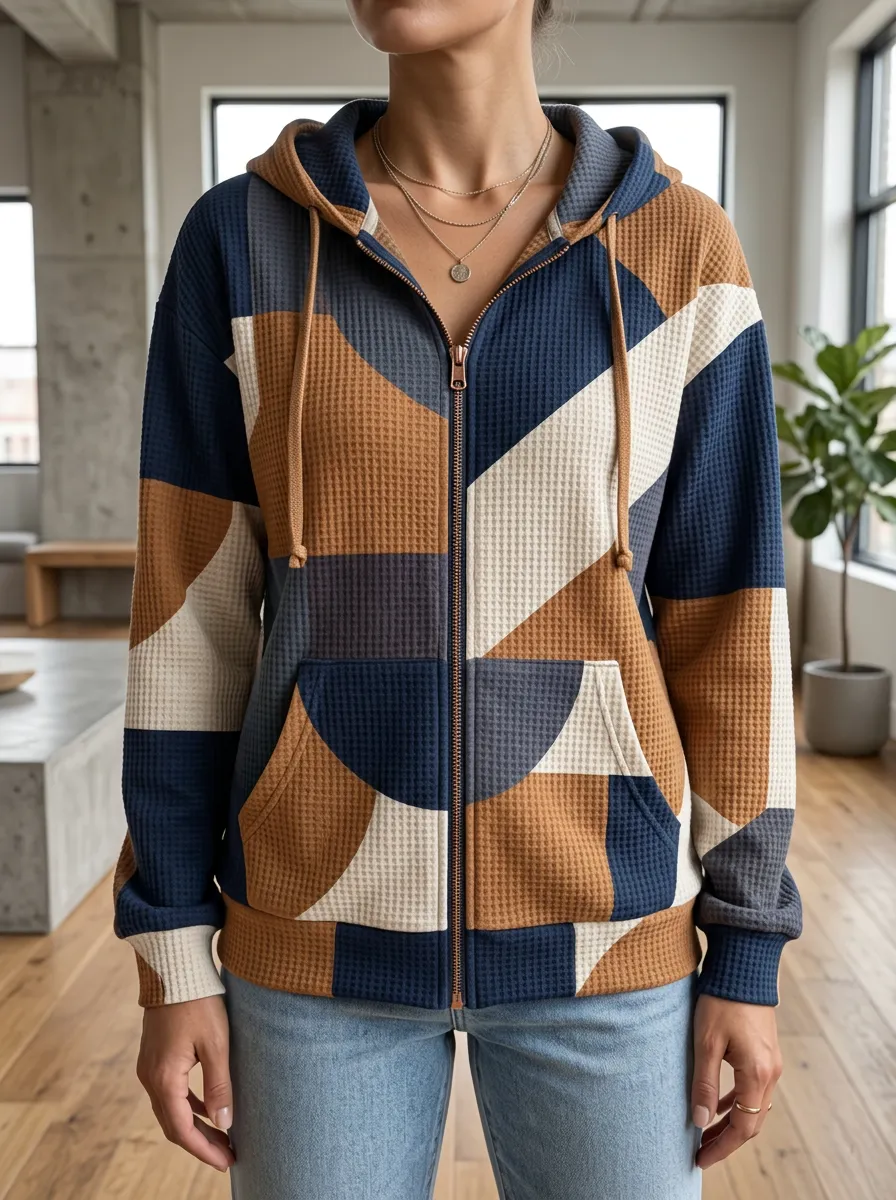 Women's Geometric Colorblock Pattern Printed Waffle Zip Hoodie