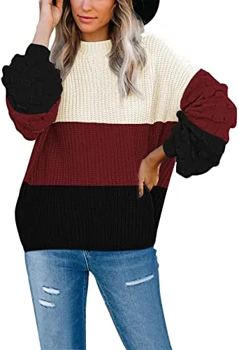 Women's Cute Oversized Crewneck Loose Puff Sleeves Chunky Knit Pullover Sweater