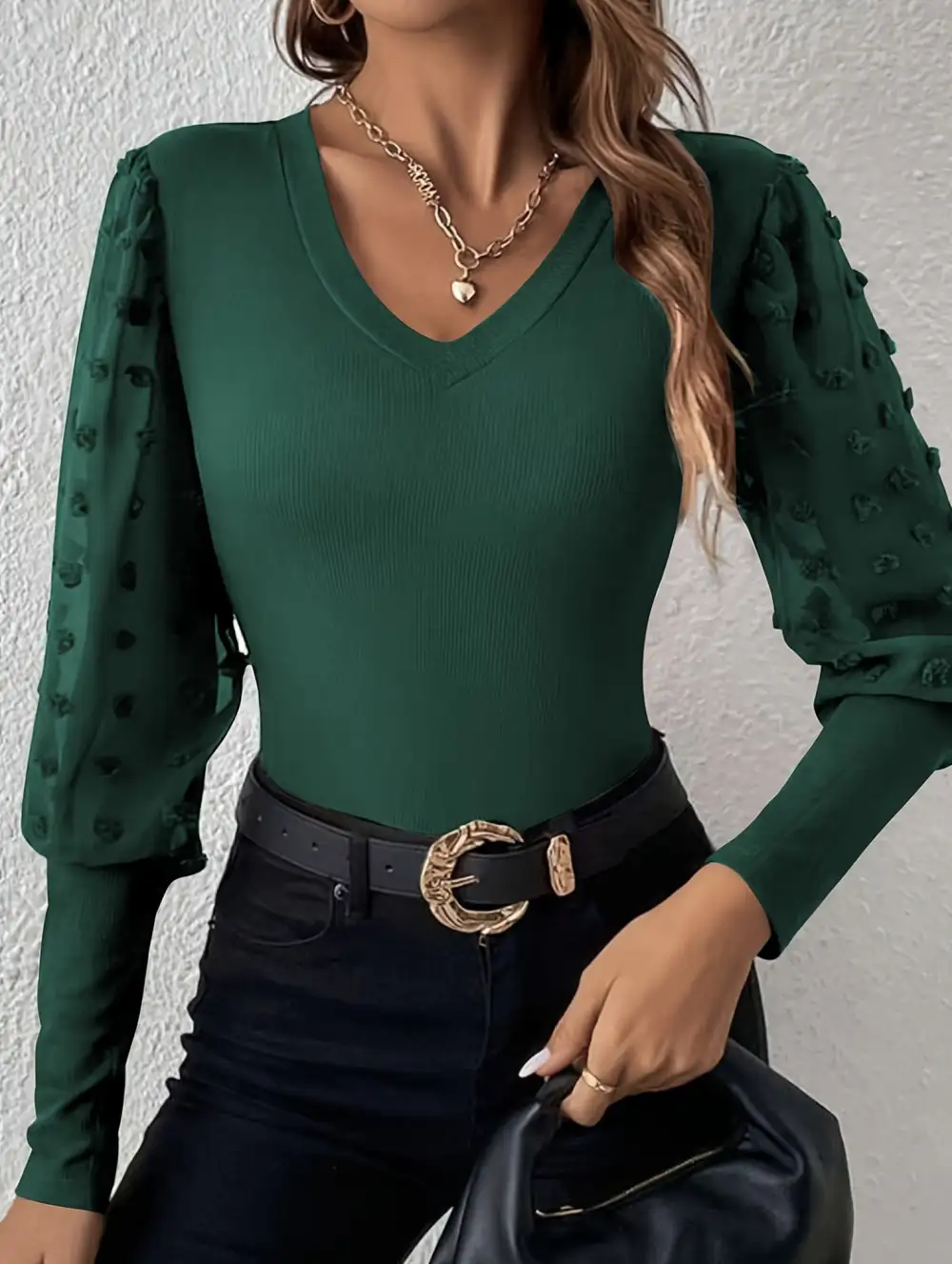 Ribbed V-Neck Chiffon Sleeve Top