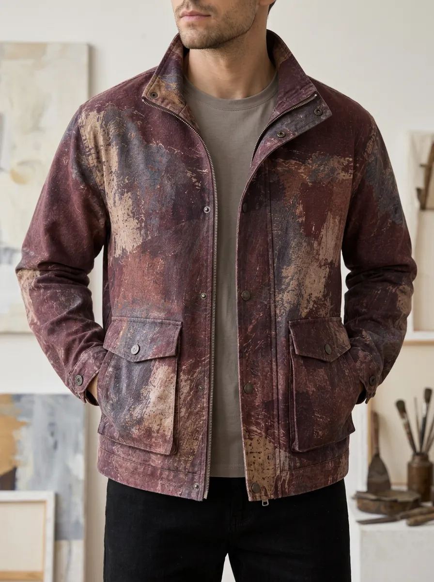 Men's Abstract Oil Painting Print Burgundy Printed Jacket