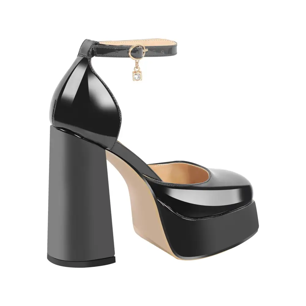Modern Patent Finish Square Toe Low Platform Chunky Heel Pumps