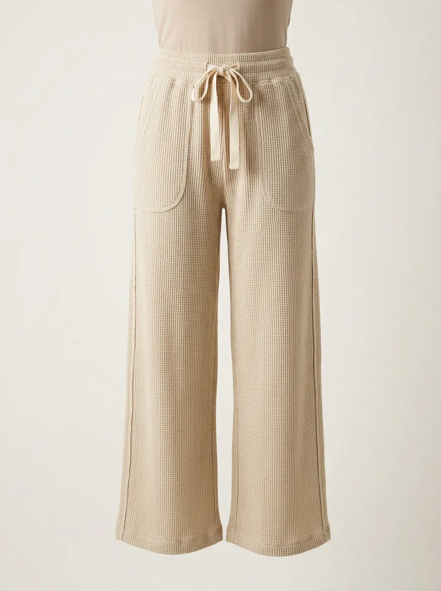 Women's Casual Beige Waffle Knit Drawstring Wide Leg Pants