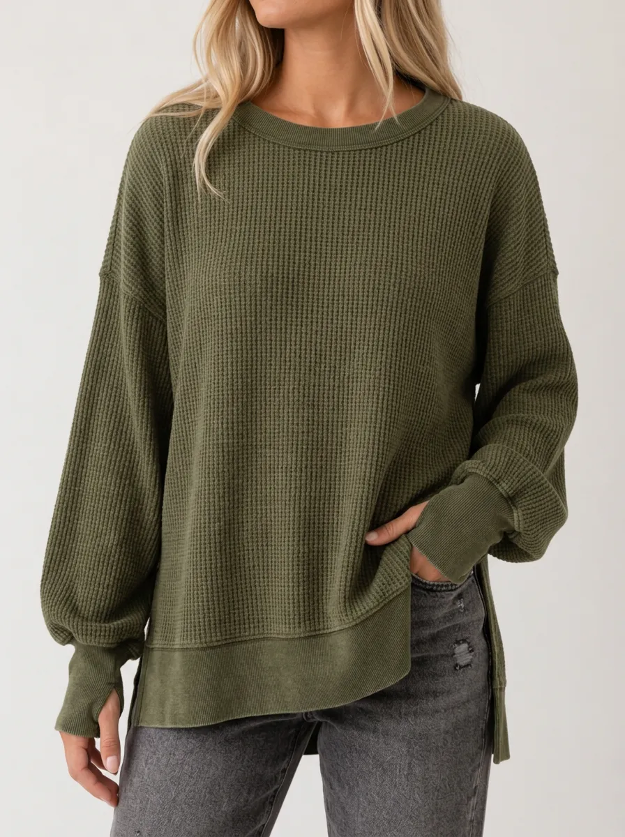 Relaxed Everyday Waffle Knit Long Sleeve Top