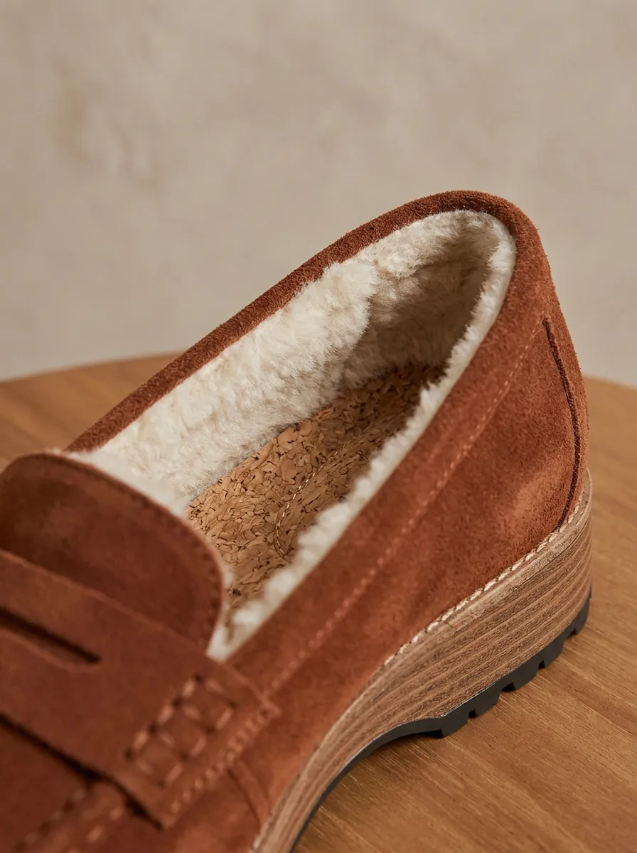 Women's Field Faux Fur Lined Winter Suede Wood Sole Loafers