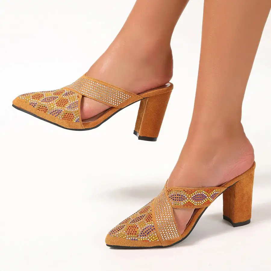 Textured Point Toe Block Heels Sandals