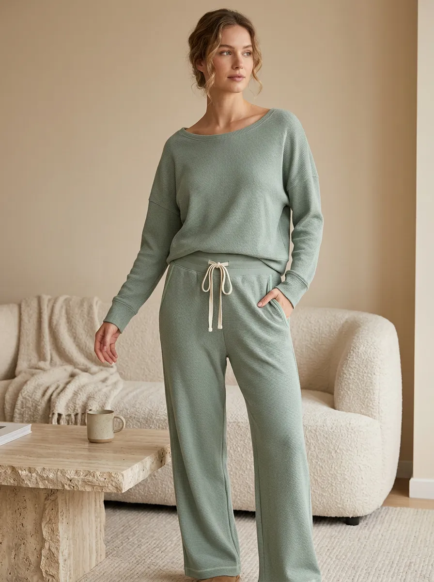 Women's Casual Loungewear Sage Green Waffle Knit Pajama Set