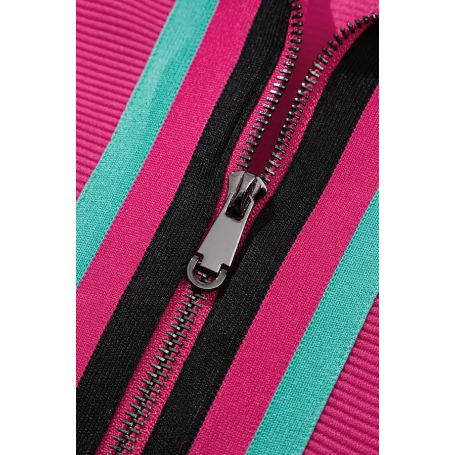 Striped Detail Flutter Sleeve Zipped Collar Top and Short Set