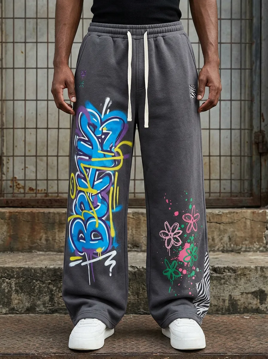 Unisex Art-Inspired Streetwear Graffiti Floral Sweatpants