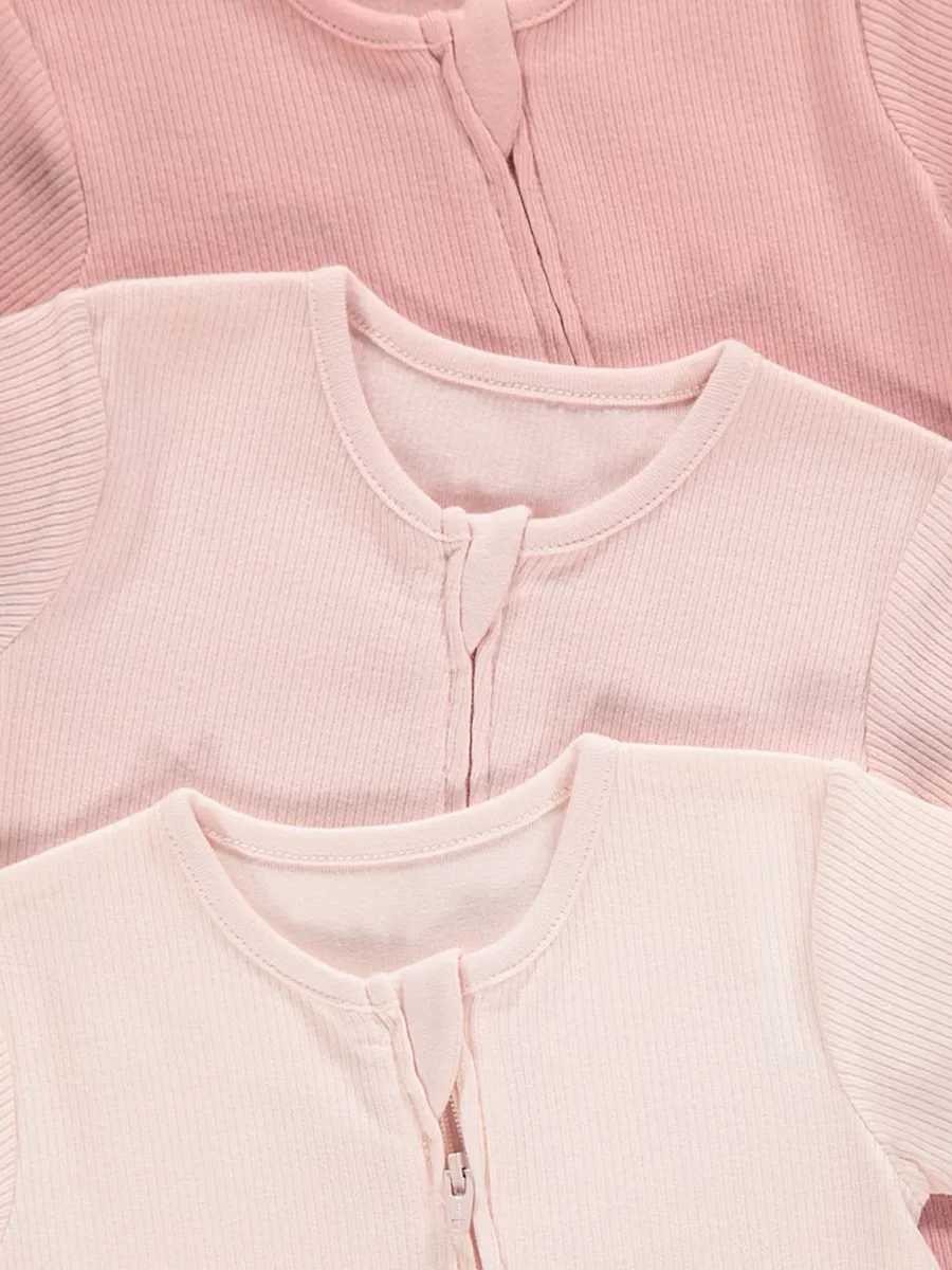 Pink Ribbed Zip Fasten Romper 3 Pack