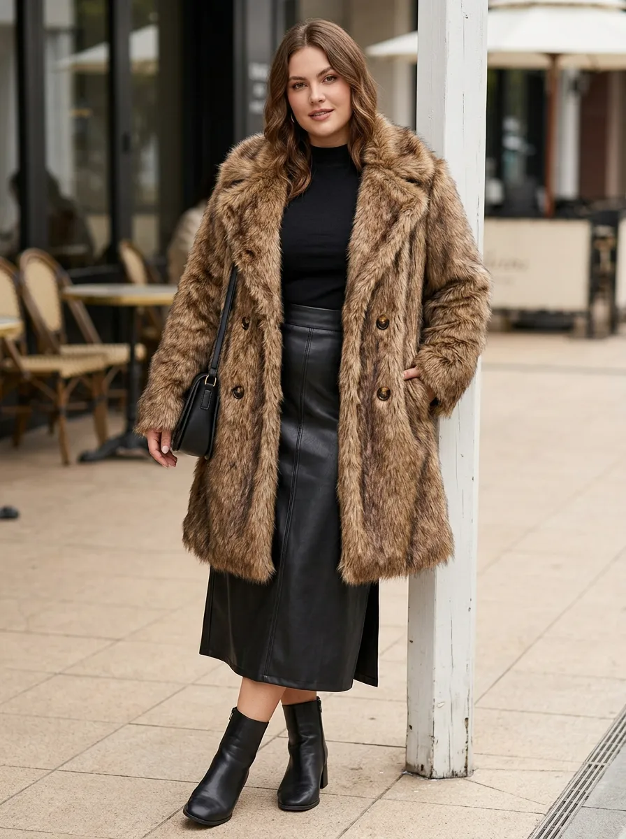 City Double-Breasted Faux Fur Coat