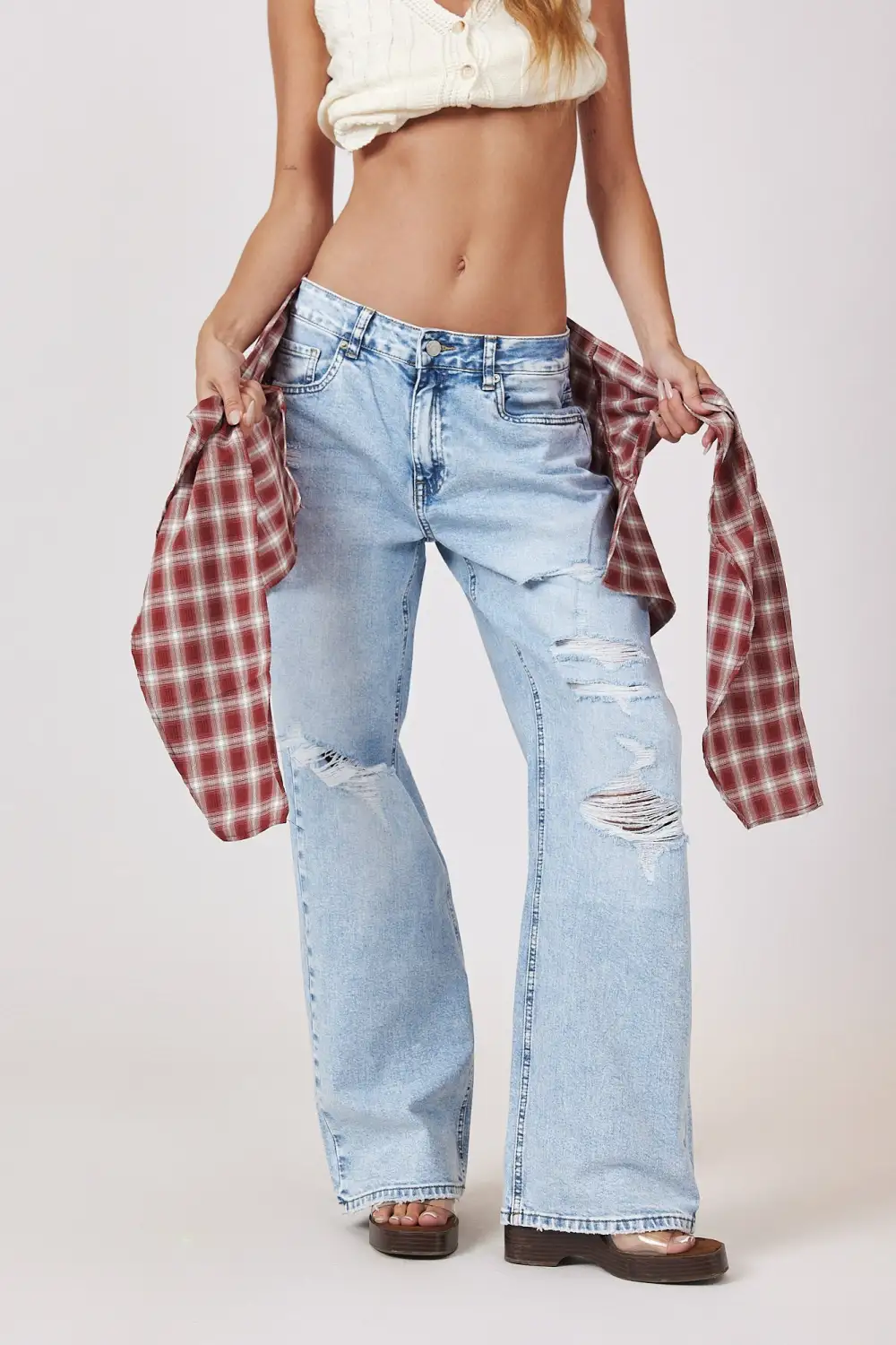 Plaid Contrast Distressed Jeans