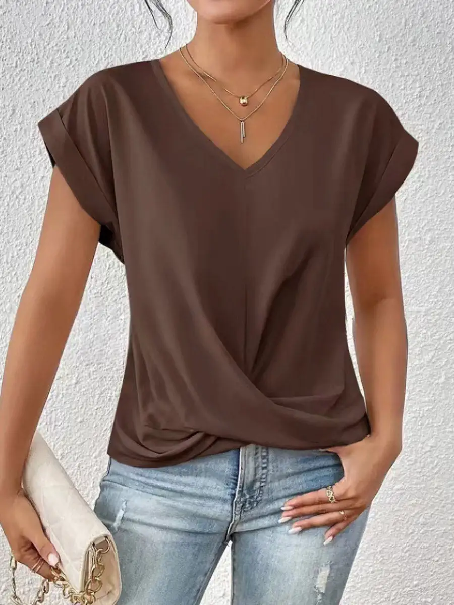 Relaxed Short Sleeve Pleat Detail V-Neck T-Shirt