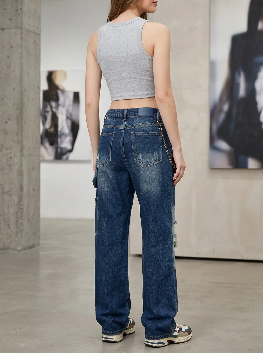 Women's Y2K Streetwear Distressed Patchwork Denim Cargo Pants