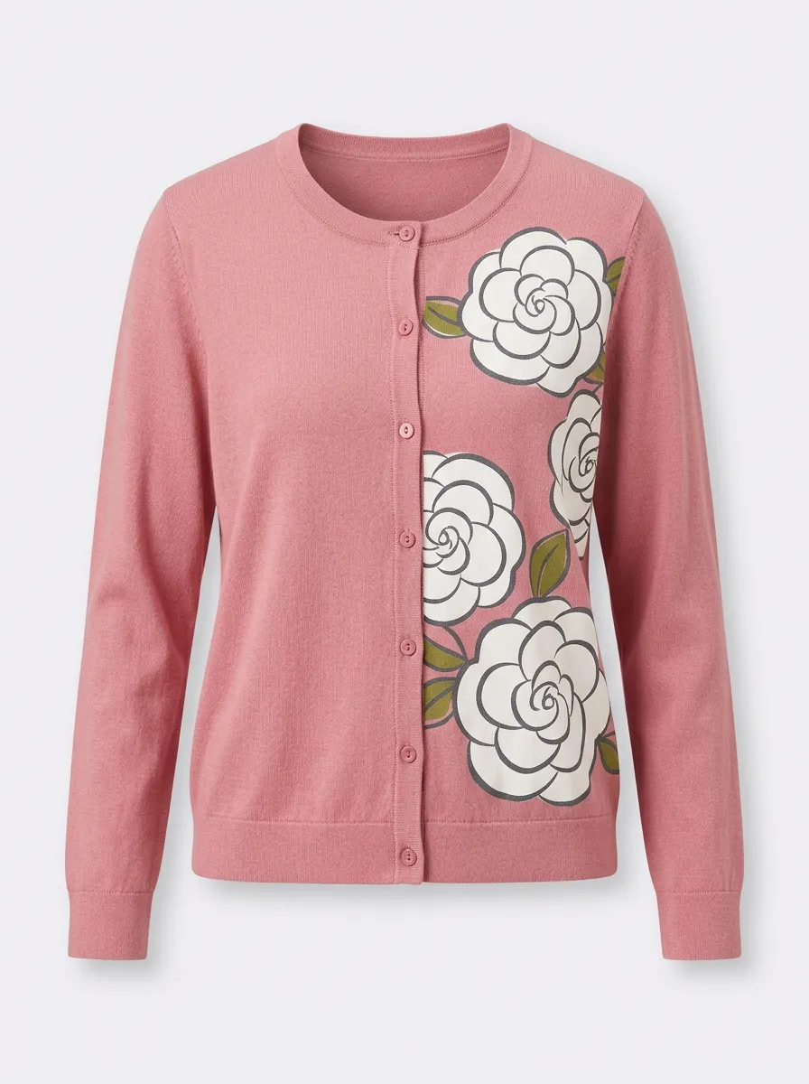 Women's Crew-Neck Button-Front Graphic-Print Cardigan
