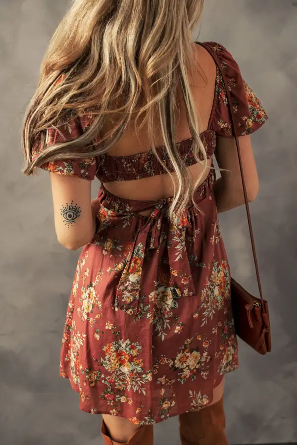 Floral Tie Detail Open Back Mini Dress