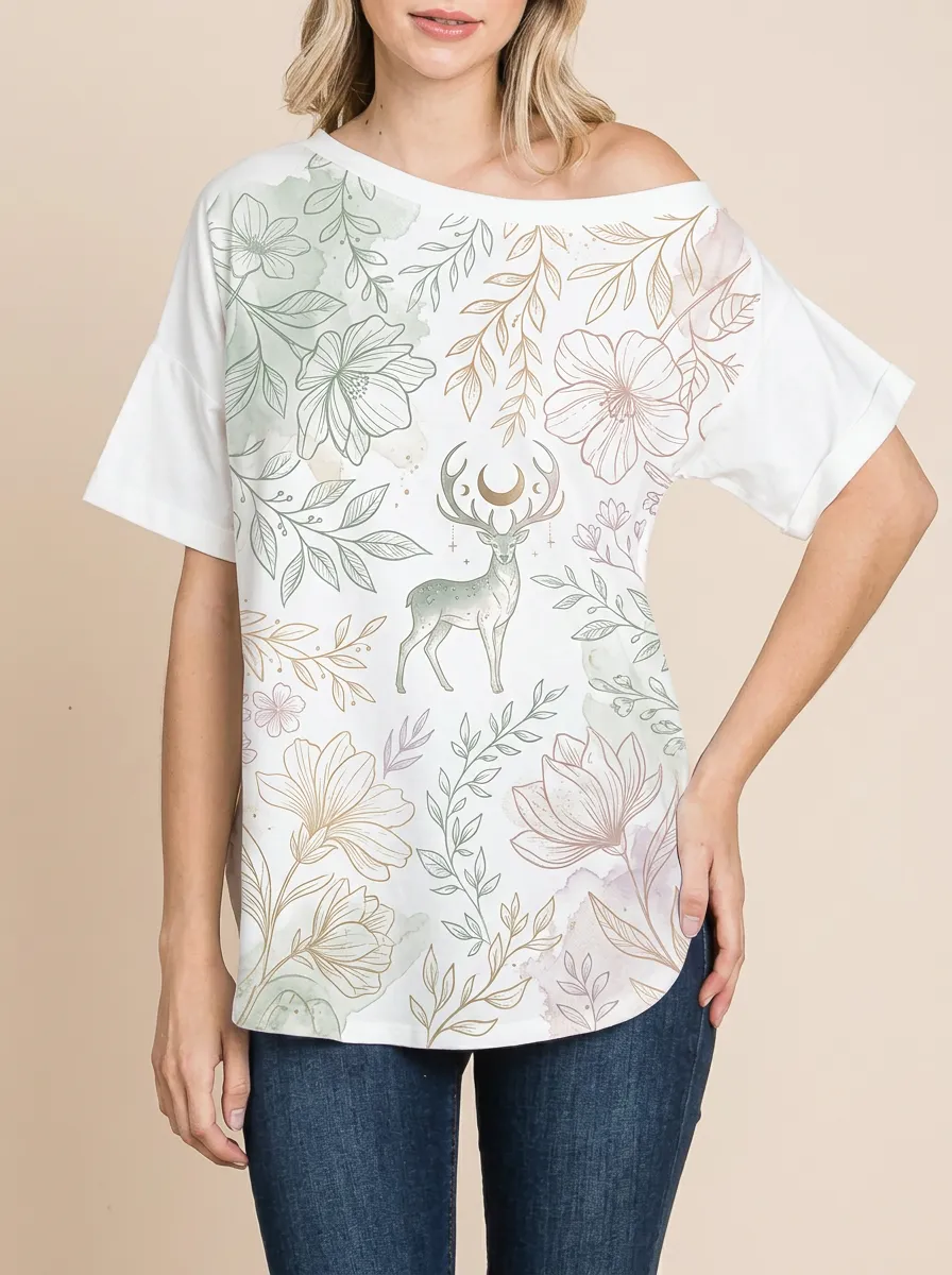 Women's Boho Nature Lover Celestial Deer Floral Printed Top
