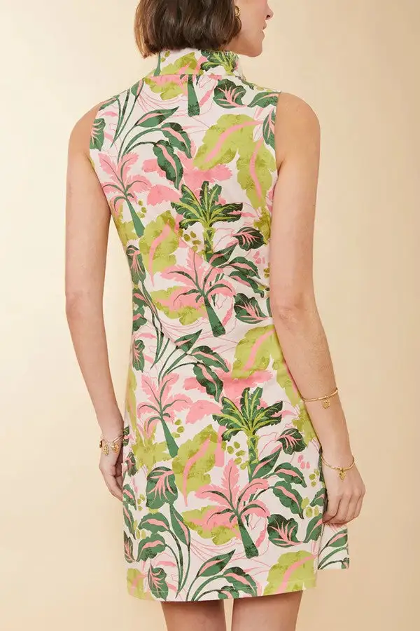 Green Palm Print Half Zip Midi Dress