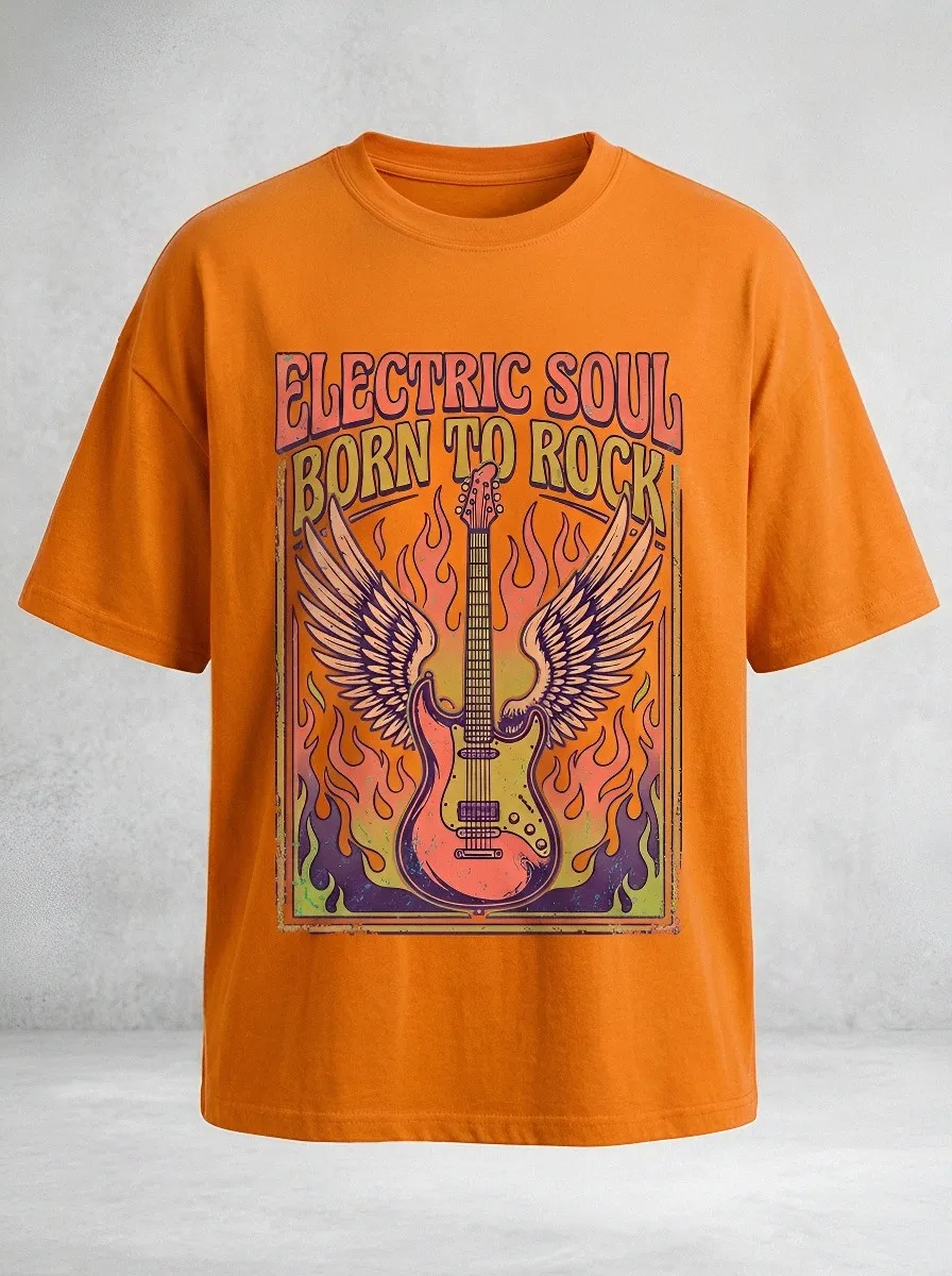 Unisex Rock Music Lover Winged Guitar Flame Printed T-shirt