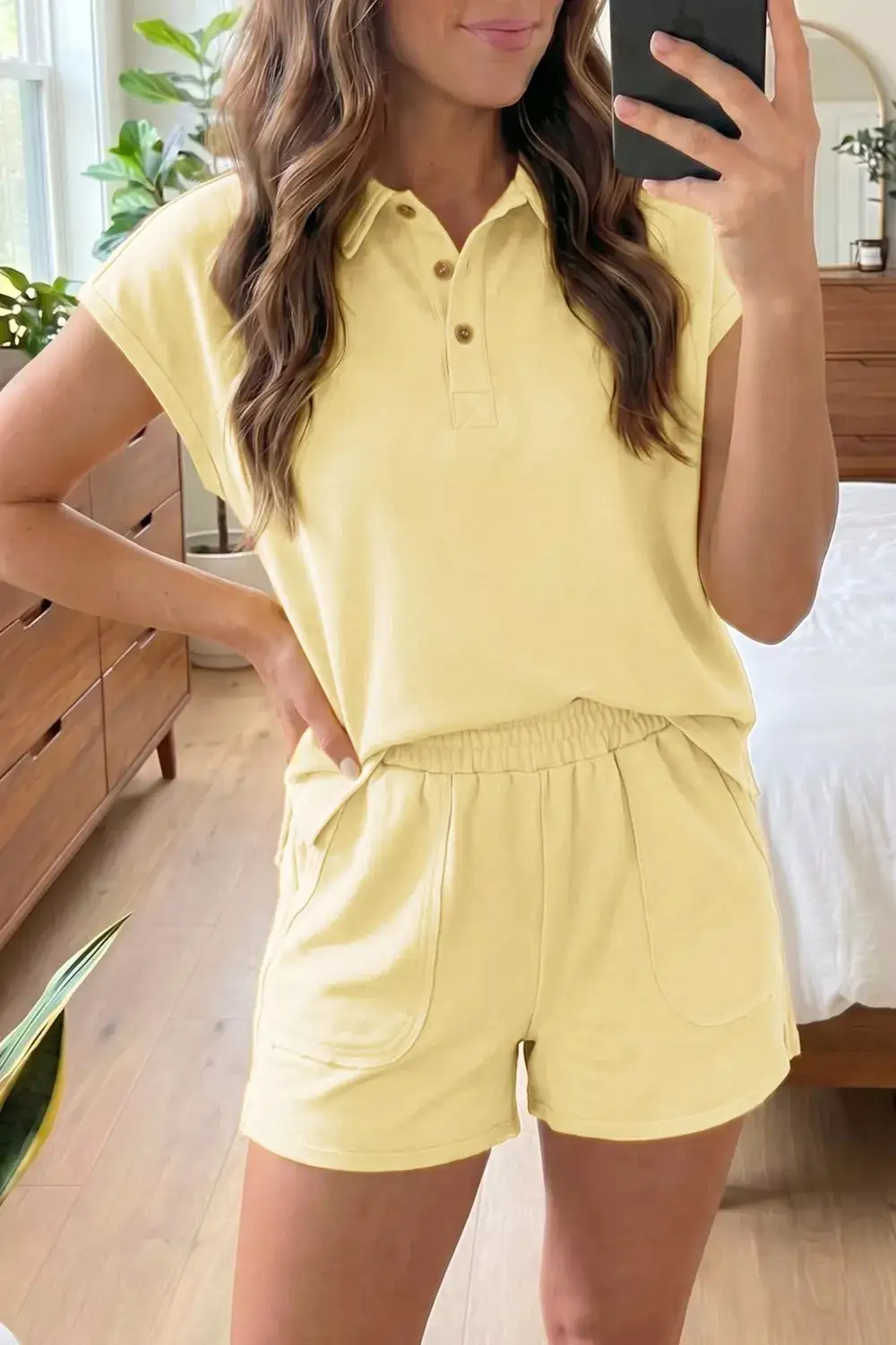 Solid Polo Tee Elastic Waist Shorts Lounge Set