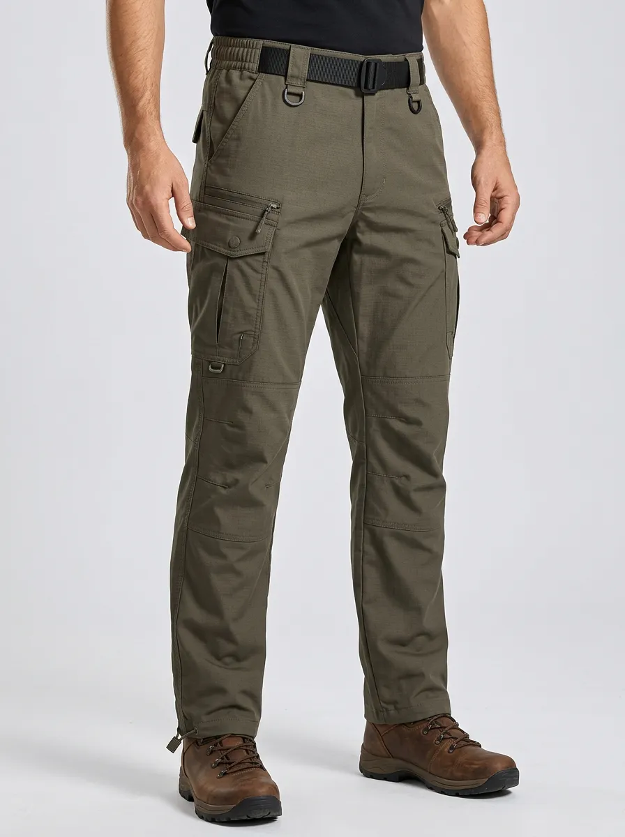 Men's Tactical Integrated-Belt Adjustable-Belt Webbing-Belt D-Ring Cargo-Pocket Grid-Weave Cargo Pants