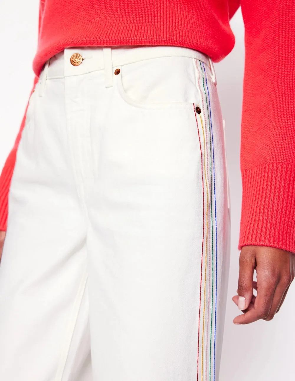 High Rise Straight Crop Jeans -Off White w/ Embroidery