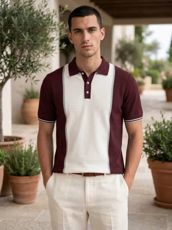 Men's Vintage Style Color Block Striped Knitted Polo Shirt
