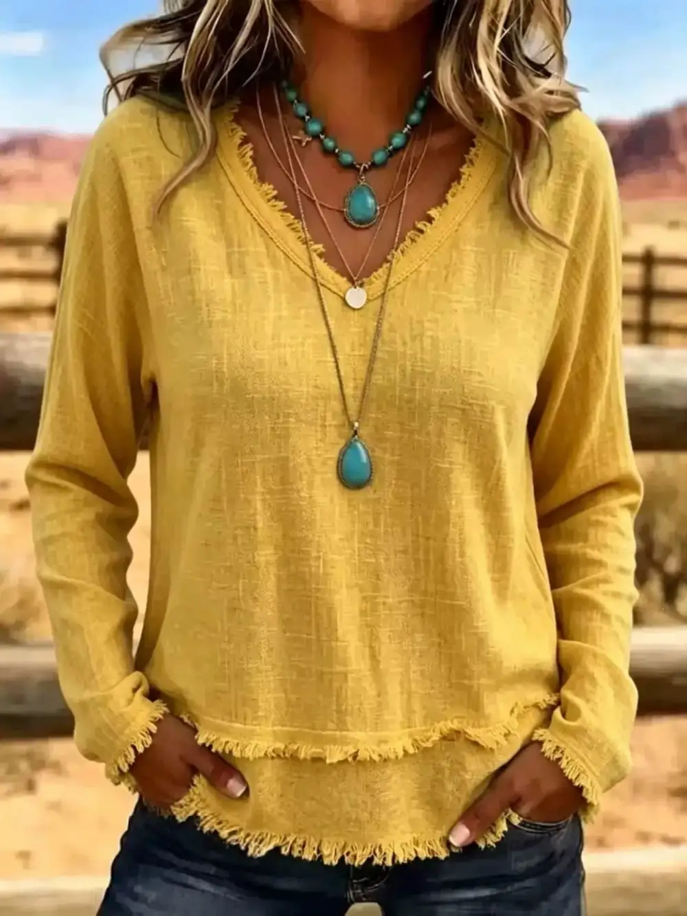 Long Sleeve V-Neck Frayed Hem Blouse