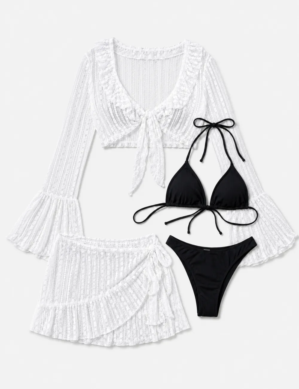 Solid Color Triangle Bikini Four Piece Set with Cover Up and Mini Skirt