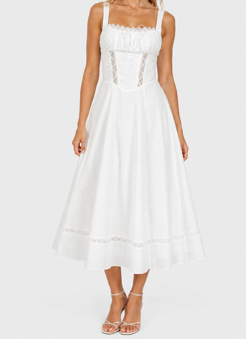 Lace Trim Ruched Bust Midi Dress