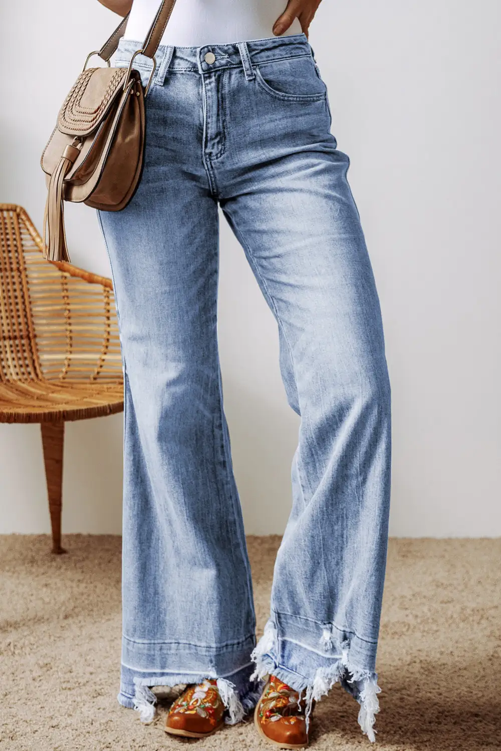 Structured Flare Leg Raw Hem Pocketed Denim Jeans