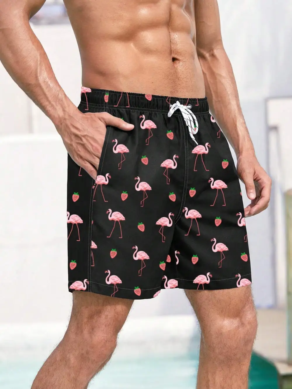 Men's Boho Flamingo Drawstring Allover Print Beach Shorts
