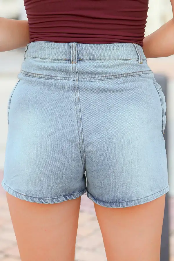 High Waist Pocketed Bow Detail Denim Shorts