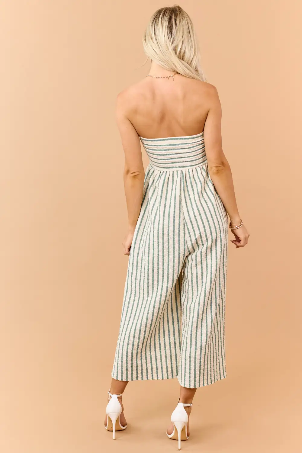 Cream And Sage Striped Strapless Jumpsuit
