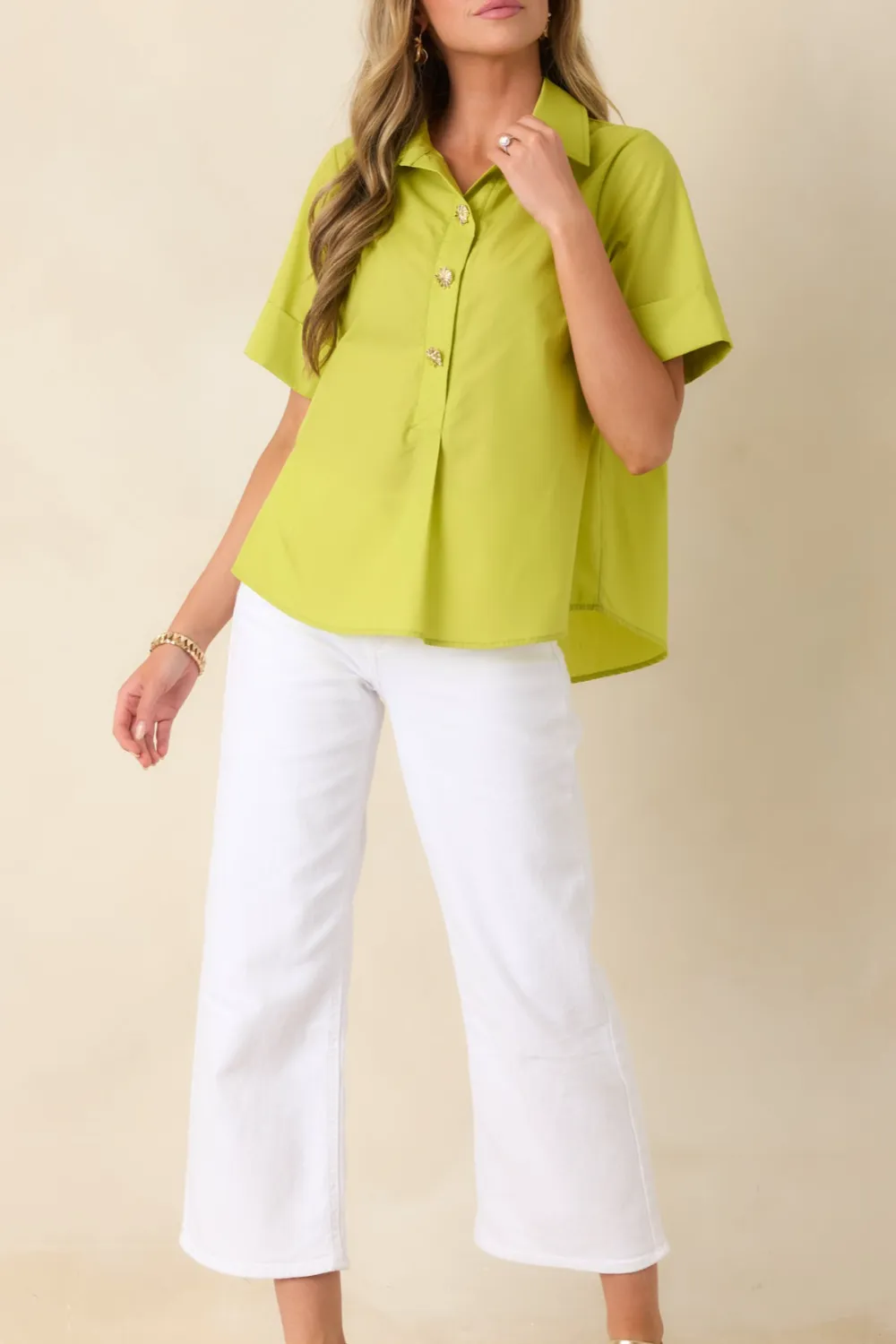 Button-Front Short-Sleeve Collared Cotton Blouse