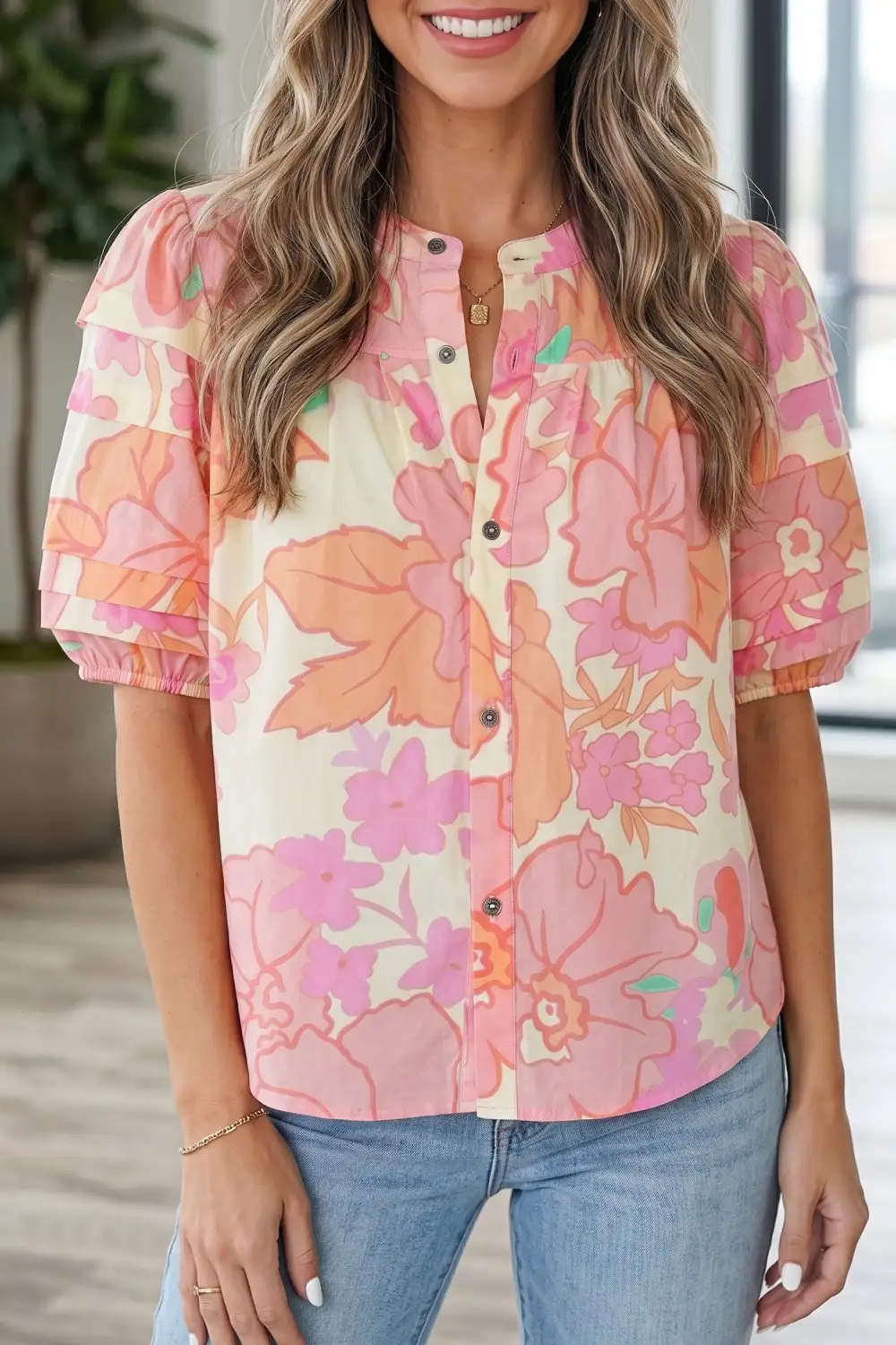Women's Floral Print Short Sleeve Button Front Blouse
