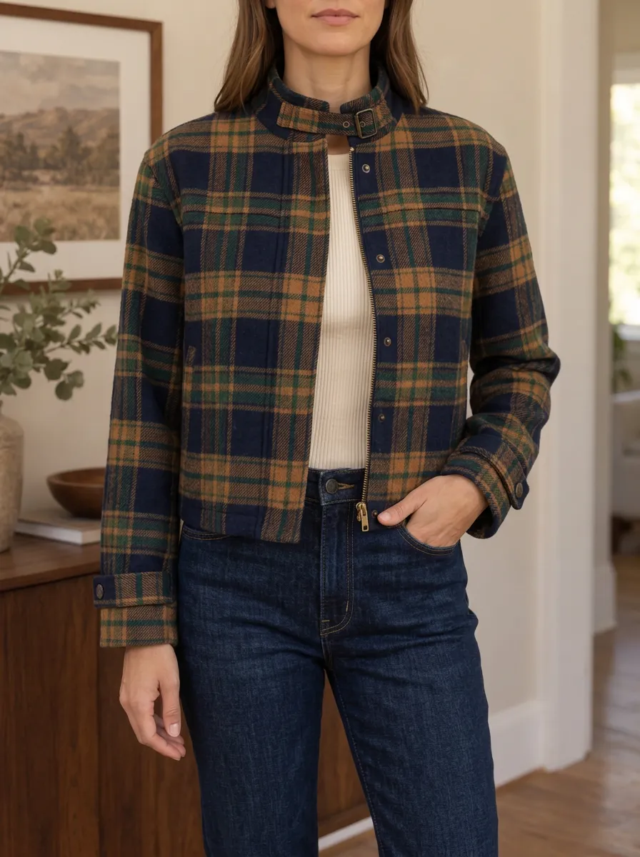 Women's Textured Everyday Plaid Stand Collar Cropped Jacket