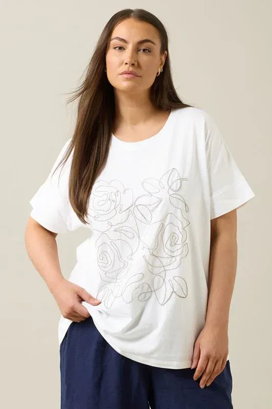 White Floral Chain Detail Cotton T-Shirt