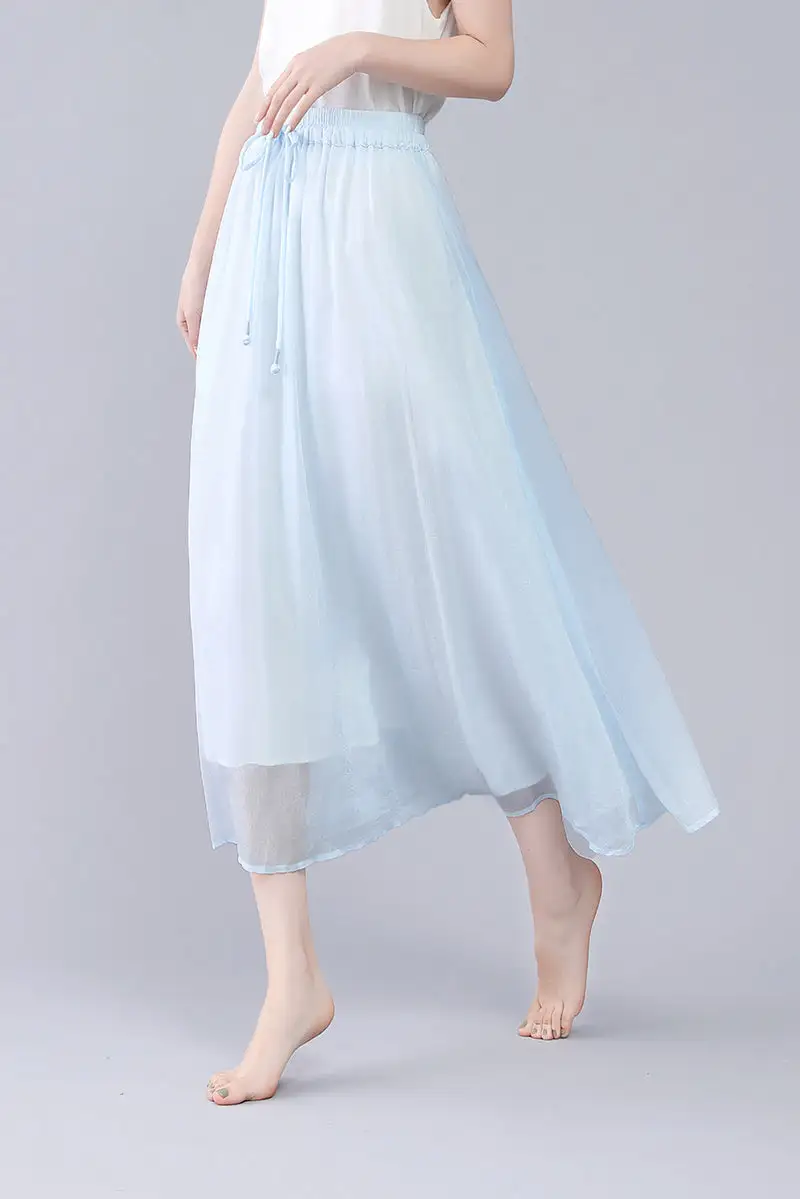 Checkered Chiffon Pleated Circle Elastic Waist Maxi Skirt
