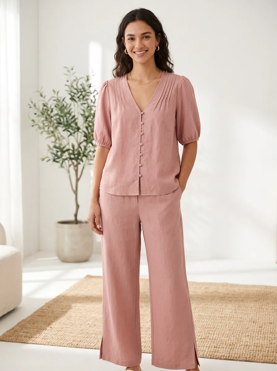 Short-Sleeve Pleated Button-Down Women's V-Neck Blouse