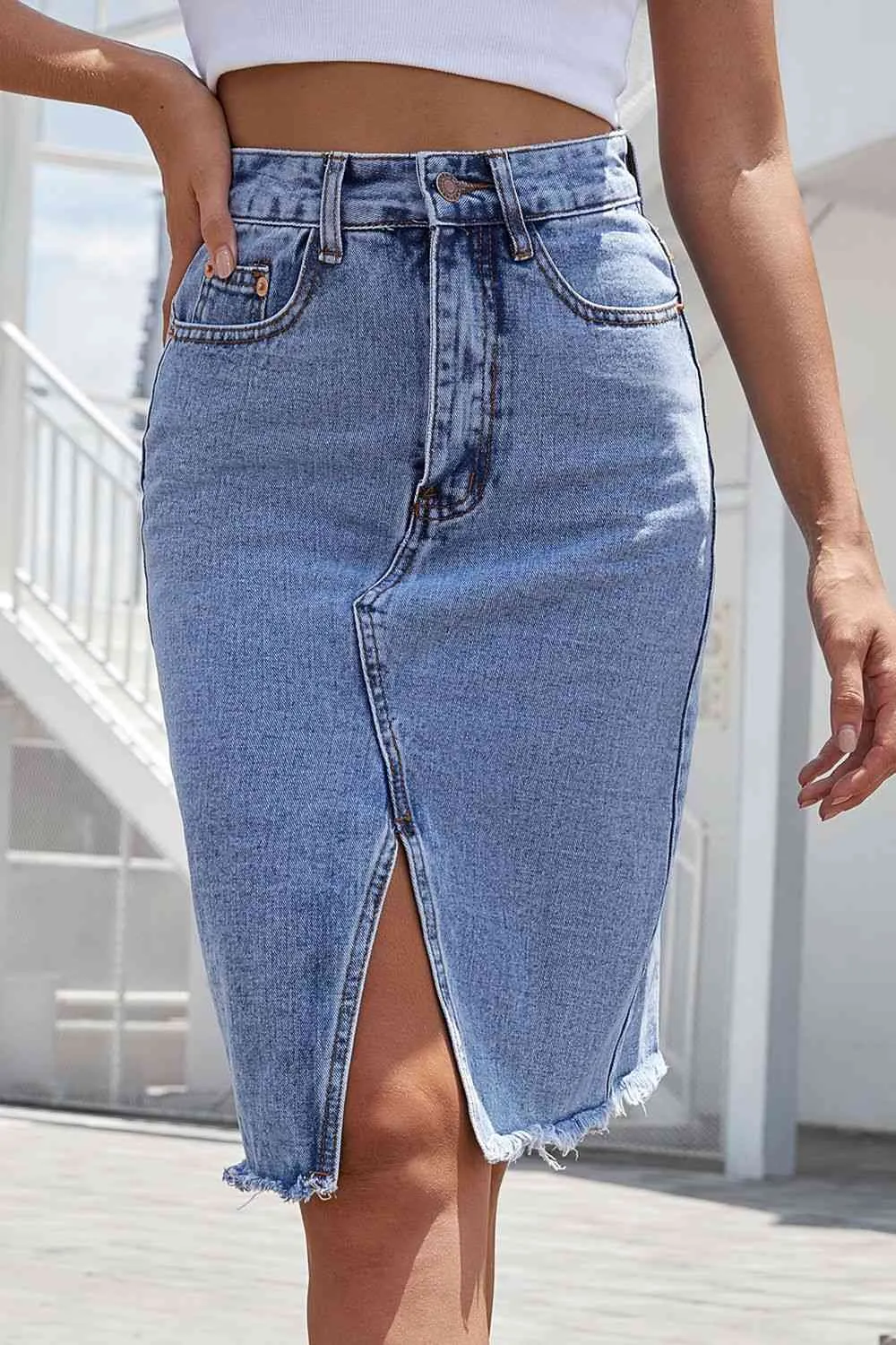 Denim Button Front Side Slit Skirt