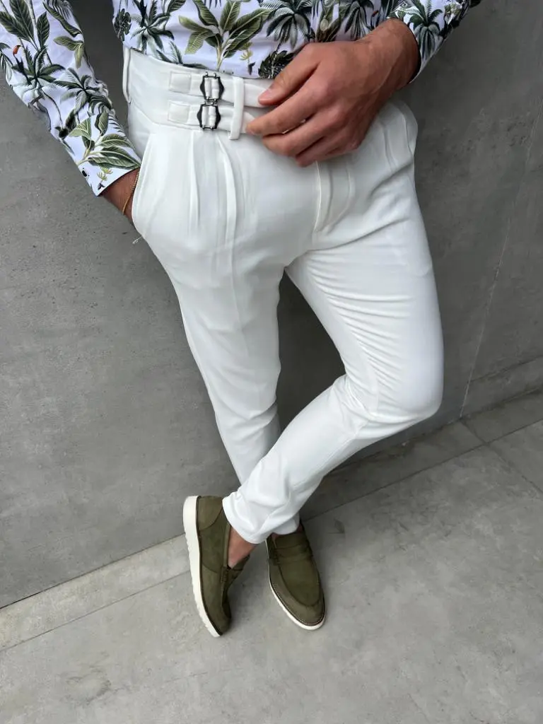 Slim Fit Pleated Buckle Detail Tailored Trousers