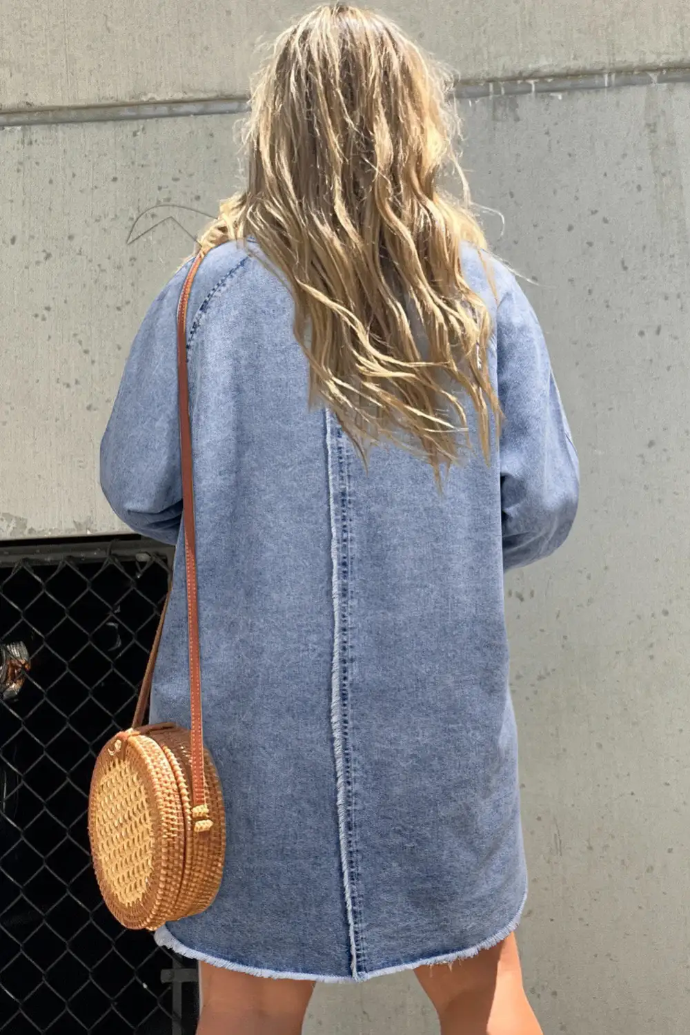 Mineral Wash Long Sleeve Button Up Raw Hem Pocketed Denim Dress